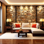 **Cozy Vietnamese living room. Warm lighting, comfortable furniture, natural stone wall, wooden floor, glass partition.** (Focuses on a stylish interior design with specific materials)