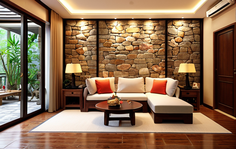 **Cozy Vietnamese living room. Warm lighting, comfortable furniture, natural stone wall, wooden floor, glass partition.** (Focuses on a stylish interior design with specific materials)