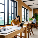 **

"A vibrant, sunlit co-working space in Ho Chi Minh City, Vietnam. The design incorporates natural wood textures, light linen fabrics, and lush green plants in ceramic pots. Large windows offer a view of the bustling cityscape. Include a casually dressed architect sketching on a tablet, surrounded by mood boards featuring textile swatches and design magazines like *Elle Decoration Vietnam*."

**
