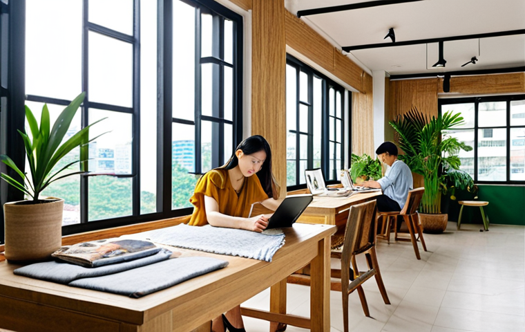 **

"A vibrant, sunlit co-working space in Ho Chi Minh City, Vietnam. The design incorporates natural wood textures, light linen fabrics, and lush green plants in ceramic pots. Large windows offer a view of the bustling cityscape. Include a casually dressed architect sketching on a tablet, surrounded by mood boards featuring textile swatches and design magazines like *Elle Decoration Vietnam*."

**