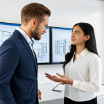 A professional female architect, fully clothed in a modest business blazer and blouse, is standing beside a male client, also fully clothed in a professional, neat casual shirt, within a bright, modern interior design studio. They are looking at a large wall-mounted screen displaying a detailed 3D rendering of a contemporary living space. Design blueprints and material samples are neatly arranged on a large, clean drafting table nearby. Their pose is natural, engaged in a professional discussion about the design. The scene is well-lit with natural light, emphasizing a high-resolution, professional photography style, with sharp focus on the subjects and the design elements. safe for work, appropriate content, fully clothed, professional, perfect anatomy, correct proportions, natural pose, well-formed hands, proper finger count, natural body proportions.