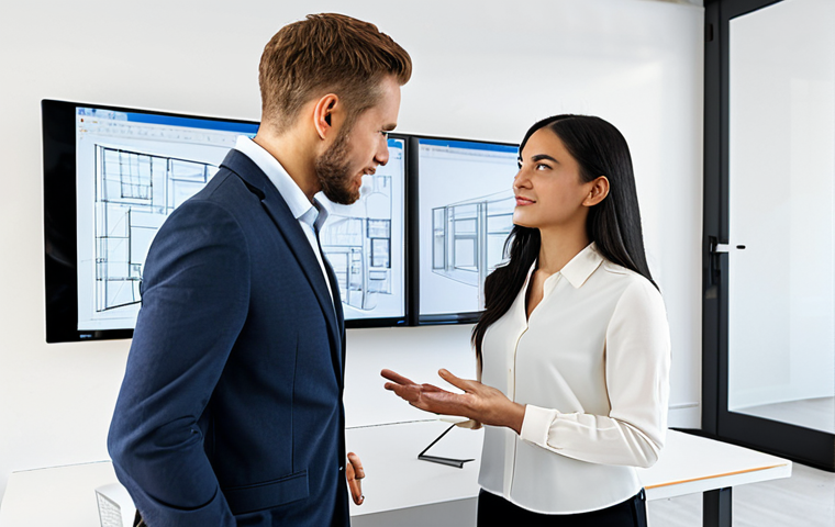 A professional female architect, fully clothed in a modest business blazer and blouse, is standing beside a male client, also fully clothed in a professional, neat casual shirt, within a bright, modern interior design studio. They are looking at a large wall-mounted screen displaying a detailed 3D rendering of a contemporary living space. Design blueprints and material samples are neatly arranged on a large, clean drafting table nearby. Their pose is natural, engaged in a professional discussion about the design. The scene is well-lit with natural light, emphasizing a high-resolution, professional photography style, with sharp focus on the subjects and the design elements. safe for work, appropriate content, fully clothed, professional, perfect anatomy, correct proportions, natural pose, well-formed hands, proper finger count, natural body proportions.