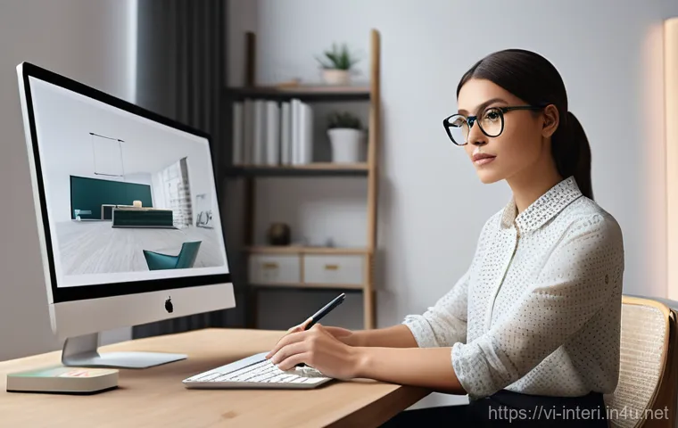 실내건축 실습 시 필요한 장비 - **Prompt: A highly focused female interior designer, in her late 20s, with a modern, stylish haircut...
