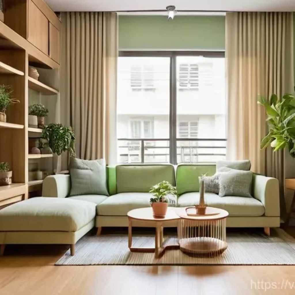 실내건축 디자인의 주요 원칙 - **Prompt**: A cozy and highly functional living room within a compact urban Vietnamese apartment, ba...