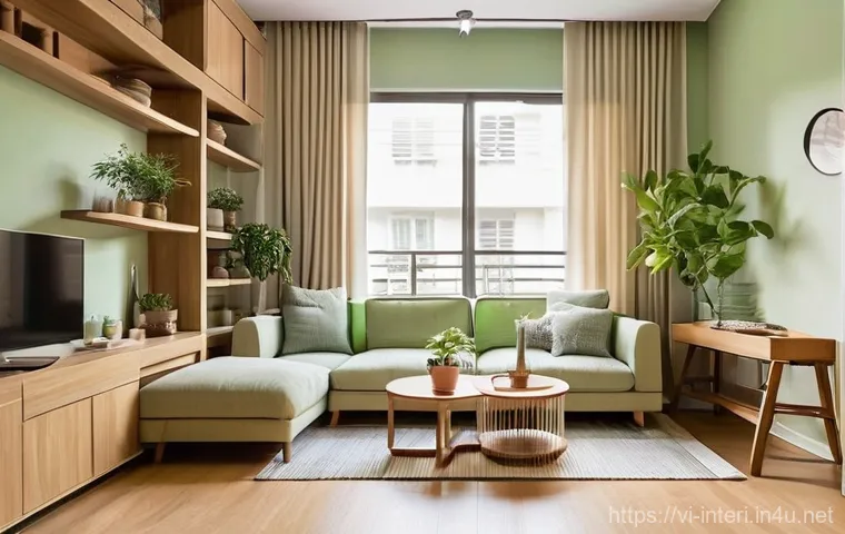 실내건축 디자인의 주요 원칙 - **Prompt**: A cozy and highly functional living room within a compact urban Vietnamese apartment, ba...