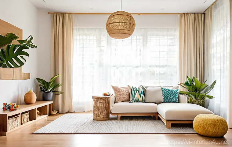 실내건축의 소재 선택과 응용 - **A Vibrant Vietnamese Family Living Space:** A bright and inviting living room in a modern Vietname...