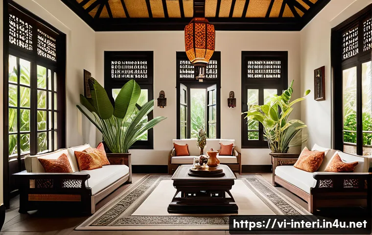 실내건축 전문 용어 사전 - A luxurious and cozy Indochine-style living room, bathed in warm, inviting light from vintage-style ...