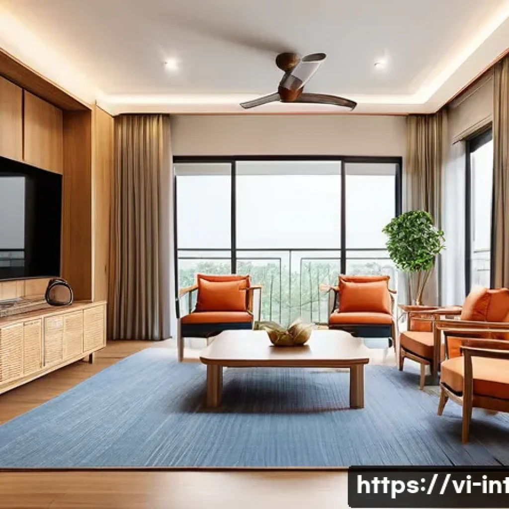 실내건축 실습에서 배우는 기본 원칙 - A modern Vietnamese apartment living room with flexible space allocation, featuring a medium-sized s...