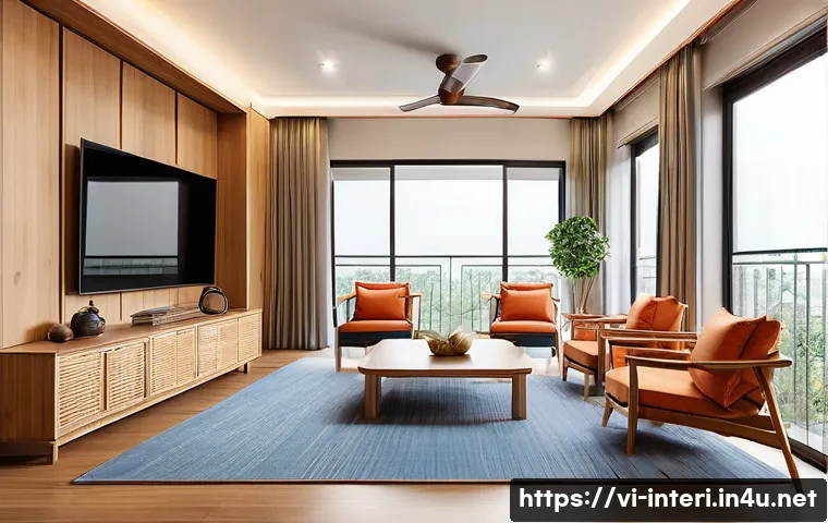 실내건축 실습에서 배우는 기본 원칙 - A modern Vietnamese apartment living room with flexible space allocation, featuring a medium-sized s...