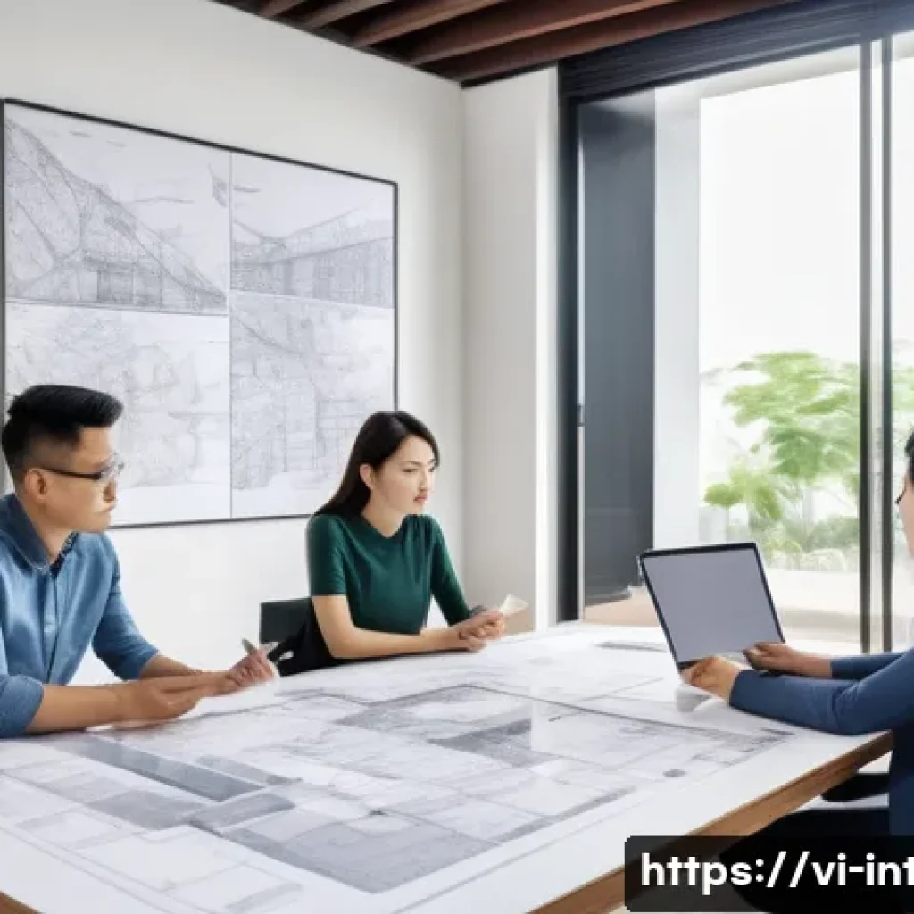 실내건축 프로젝트 관리 기초 - A professional interior design project manager in a modern Vietnamese office, coordinating with arch...