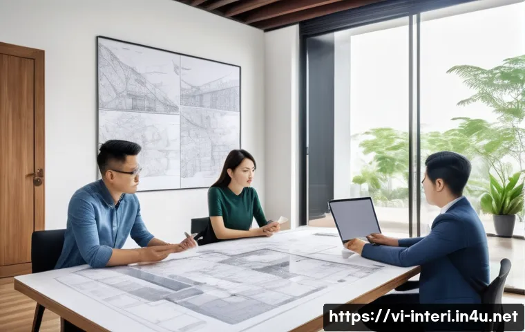 실내건축 프로젝트 관리 기초 - A professional interior design project manager in a modern Vietnamese office, coordinating with arch...