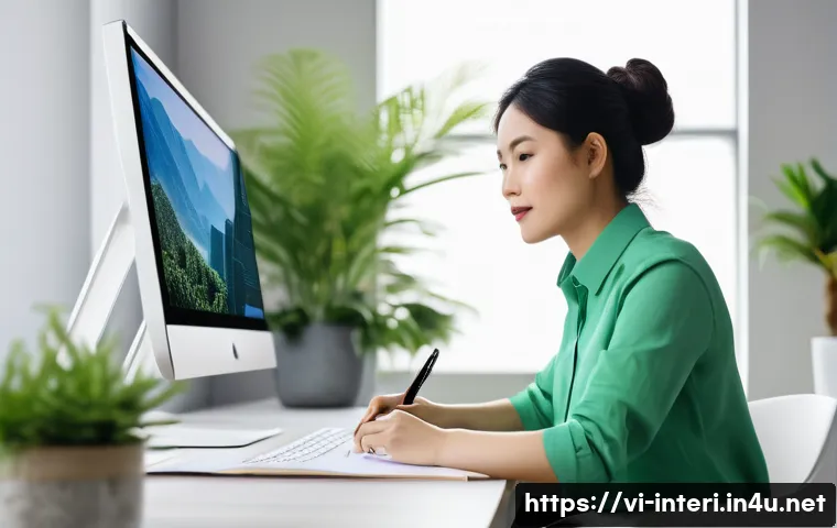 실내건축 자격증 취득의 장점 - A professional Vietnamese interior designer working diligently at a modern office desk, surrounded b...