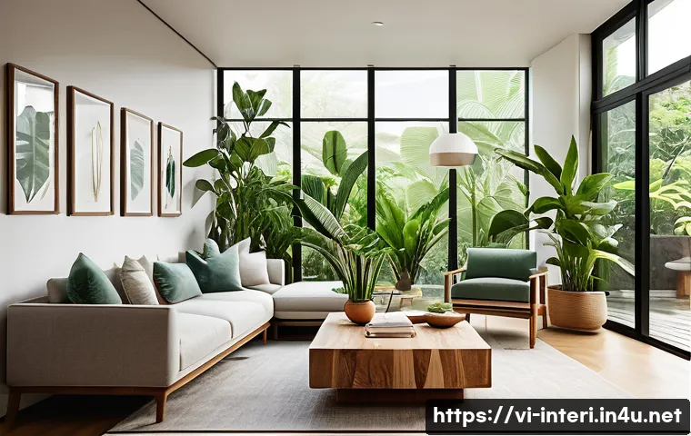 실내건축 디자인 트렌드와 실무 적용 - A modern Vietnamese living room interior featuring a lush green space with various indoor plants suc...