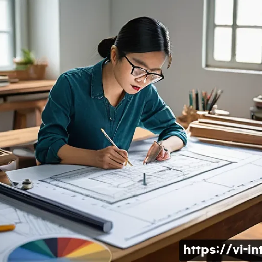실내건축 실기 시험에서의 오류 해결법 - A detailed interior design workspace scene featuring a Vietnamese student carefully analyzing techni...