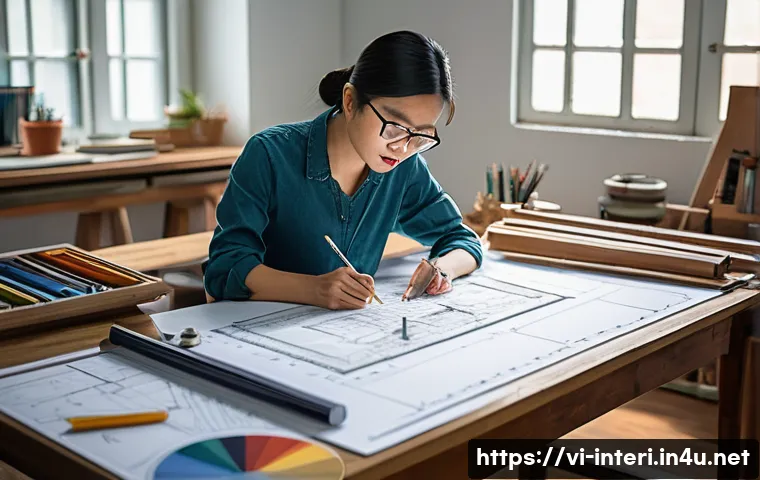 실내건축 실기 시험에서의 오류 해결법 - A detailed interior design workspace scene featuring a Vietnamese student carefully analyzing techni...