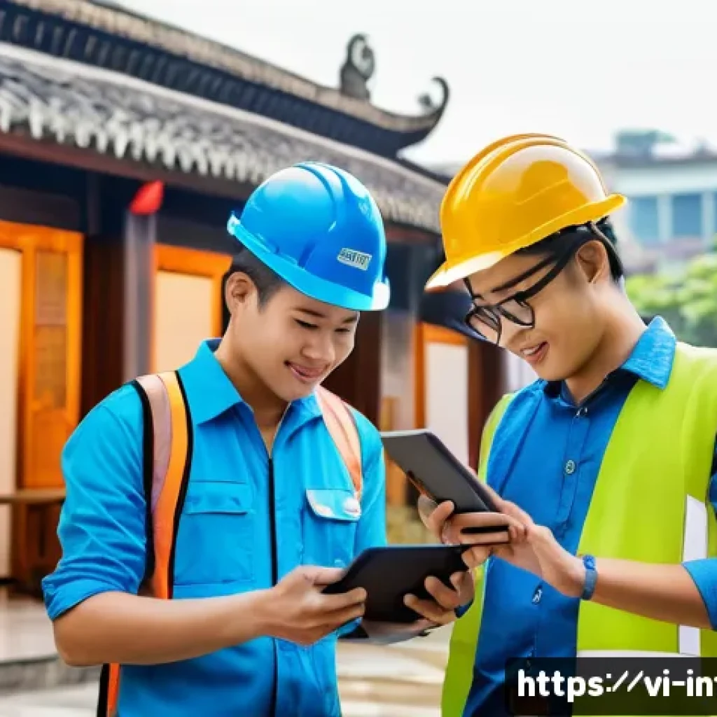 실내건축 현장에서의 커뮤니케이션 방법 - A modern interior design project team collaborating on site in Vietnam, using smartphones and tablet...