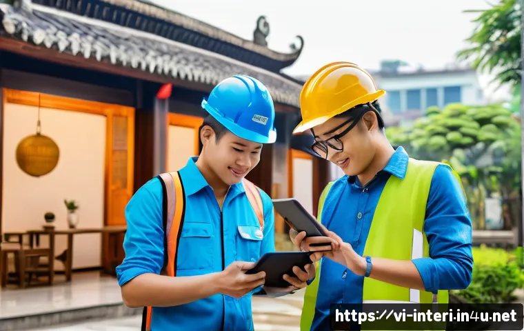 실내건축 현장에서의 커뮤니케이션 방법 - A modern interior design project team collaborating on site in Vietnam, using smartphones and tablet...