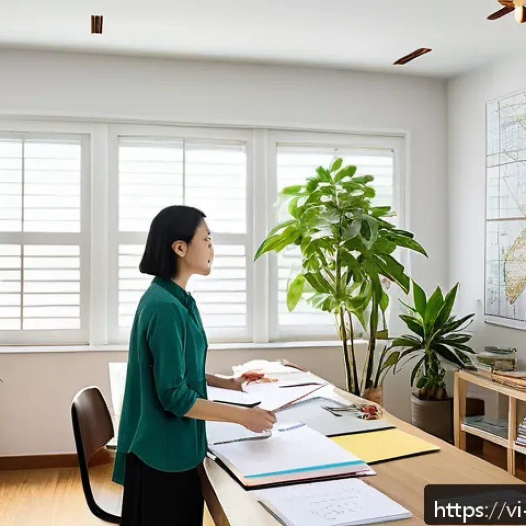 실내건축 실기 시험의 주요 포인트 - A detailed interior design studio scene featuring a Vietnamese designer planning a modern living roo...