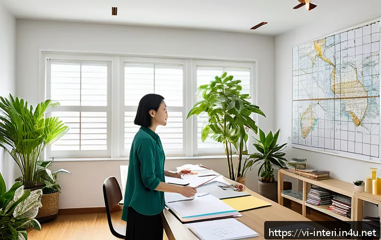 실내건축 실기 시험의 주요 포인트 - A detailed interior design studio scene featuring a Vietnamese designer planning a modern living roo...