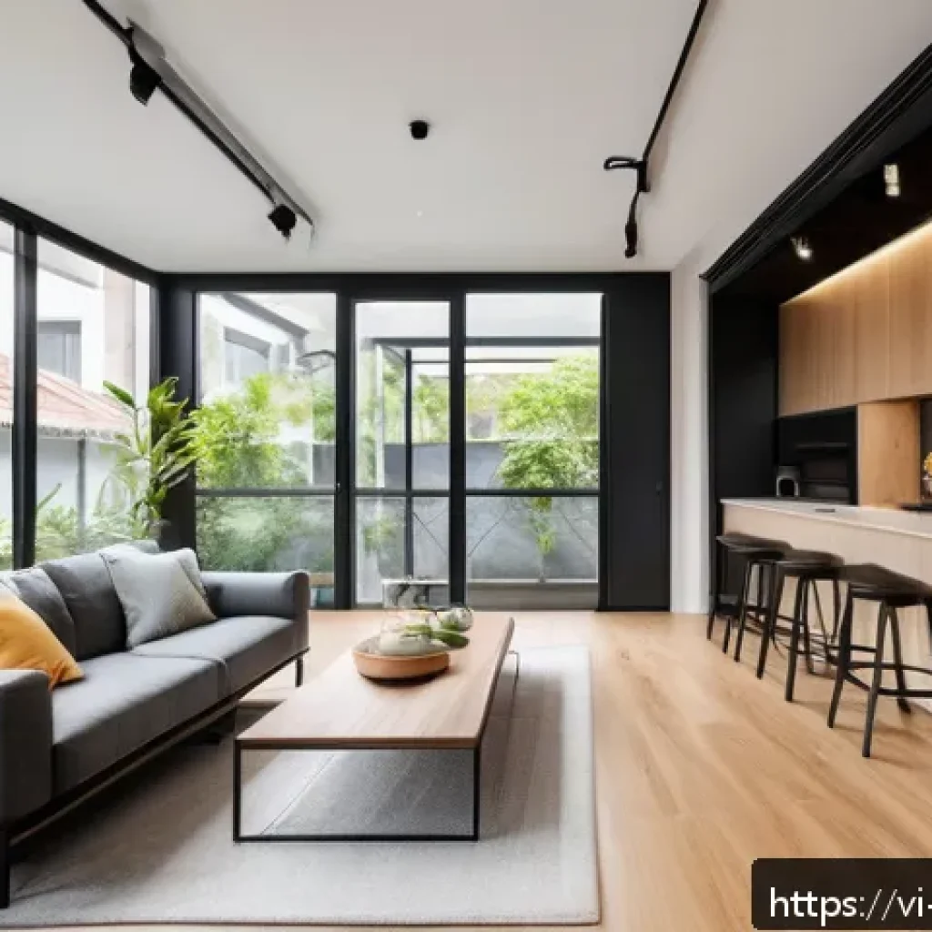 실내건축과 건축 공학의 융합 - A modern urban townhouse interior showcasing an open-plan living space where the living room seamles...