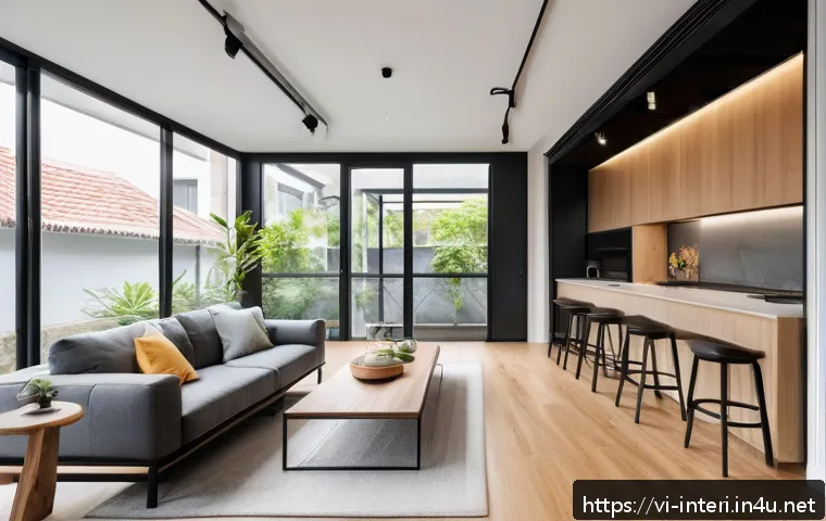 실내건축과 건축 공학의 융합 - A modern urban townhouse interior showcasing an open-plan living space where the living room seamles...