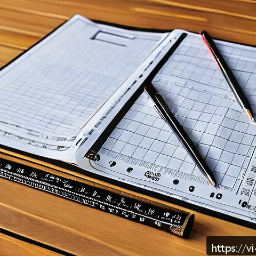 실내건축 실기 시험에서 필요한 준비물 - A detailed interior design exam setup on a wooden desk featuring high-quality metal measuring rulers...
