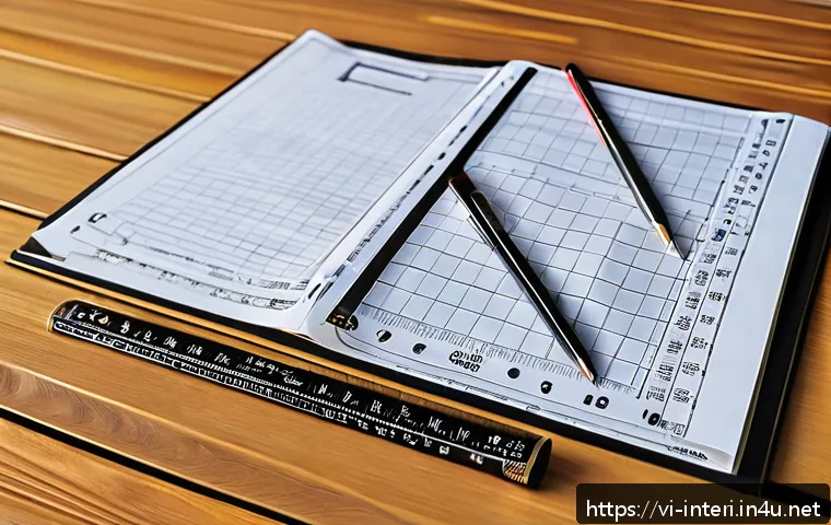 실내건축 실기 시험에서 필요한 준비물 - A detailed interior design exam setup on a wooden desk featuring high-quality metal measuring rulers...