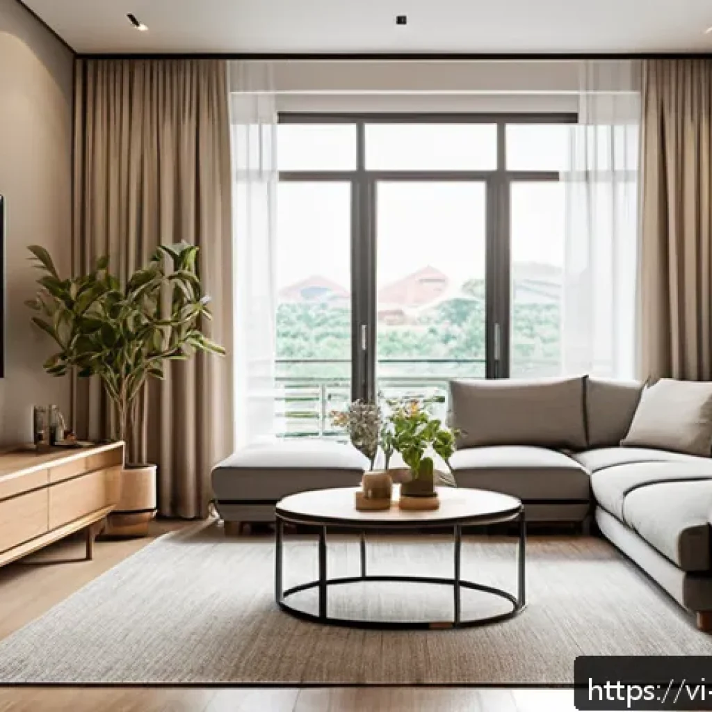 실내건축 전공자를 위한 스터디 팁 - A modern minimalist living room interior designed for a Vietnamese urban apartment, featuring clean ...