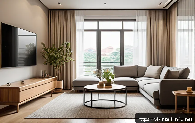 실내건축 전공자를 위한 스터디 팁 - A modern minimalist living room interior designed for a Vietnamese urban apartment, featuring clean ...