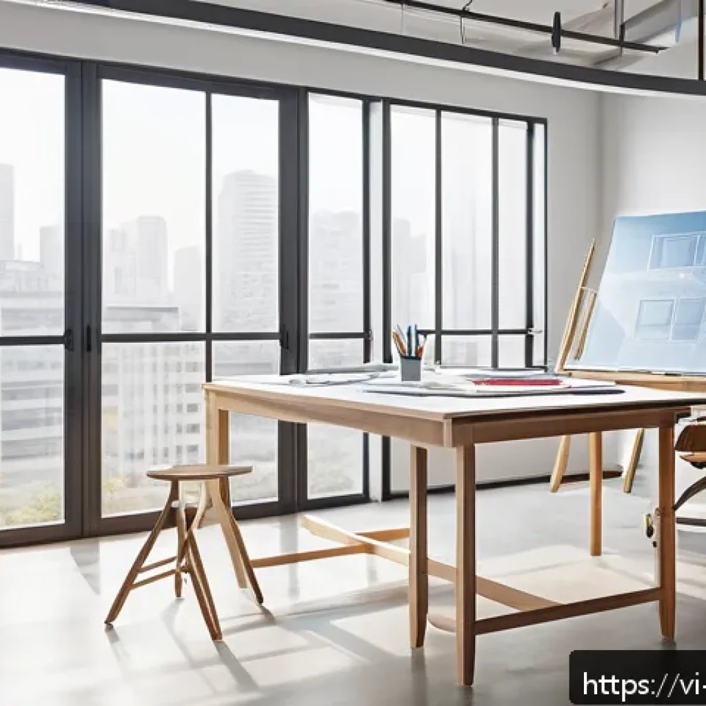 실내건축 실기 시험의 채점 기준 - A modern interior design studio workspace showcasing an organized, well-lit drafting table with arch...