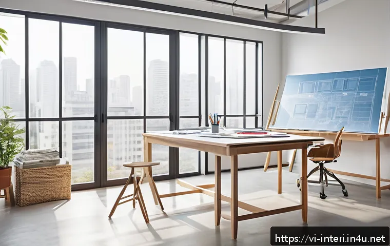 실내건축 실기 시험의 채점 기준 - A modern interior design studio workspace showcasing an organized, well-lit drafting table with arch...
