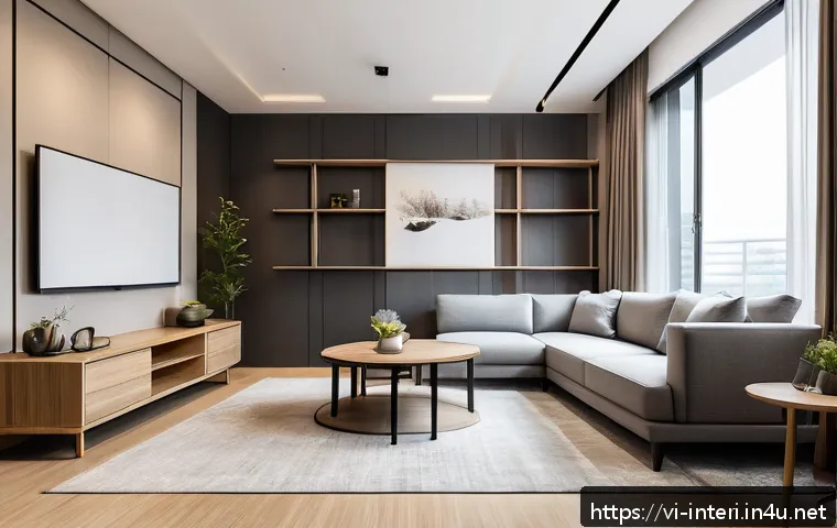실내건축 실습에서 자주 실수하는 부분 - A modern Vietnamese living room interior featuring minimalist furniture with clean lines and neutral...