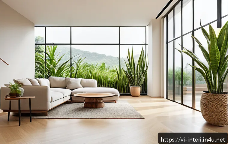 실내건축 이론에서 자주 언급되는 개념 - A spacious modern living room filled with abundant natural light streaming through large floor-to-ce...