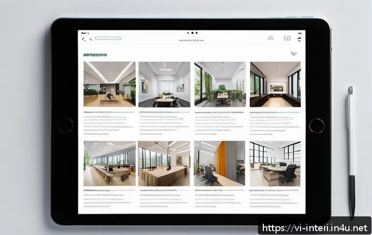 실내건축 포트폴리오 작성 시 주의할 점 - A modern interior design portfolio layout displayed on a sleek digital tablet screen, featuring a cl...