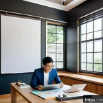 실내건축 포트폴리오 작성 시 강조할 부분 - A modern Vietnamese interior designer&rsquo;s portfolio showcase room featuring a clean, minimalist worksp...