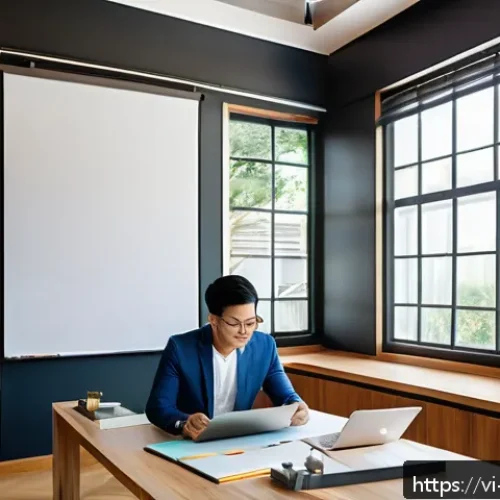 실내건축 포트폴리오 작성 시 강조할 부분 - A modern Vietnamese interior designer&rsquo;s portfolio showcase room featuring a clean, minimalist worksp...