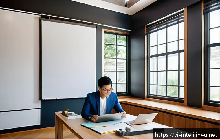 실내건축 포트폴리오 작성 시 강조할 부분 - A modern Vietnamese interior designer’s portfolio showcase room featuring a clean, minimalist worksp...