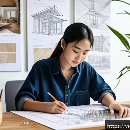 실내건축 실기 시험의 합격 비결들 - A modern Vietnamese interior design student working diligently at a wooden desk in a well-lit room, ...