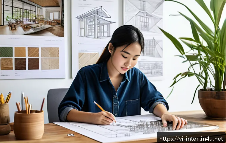 실내건축 실기 시험의 합격 비결들 - A modern Vietnamese interior design student working diligently at a wooden desk in a well-lit room, ...