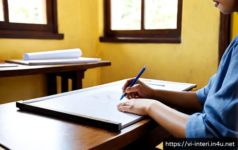 Home 17 실내건축 실기에서의 스케치 테크닉 - Photorealistic interior architecture sketching practice in a bright Vietnamese design studio, adult ...