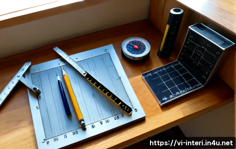 실내건축에서 사용하는 필수 도구 - Photorealistic overhead flat lay of essential interior architecture tools neatly arranged on a light...